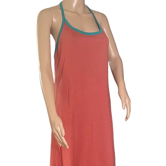 Threads 4 Thought T-Back Halter Maxi Dress Rusty Pink w Turquoise Trim MED - Picture 4 of 15